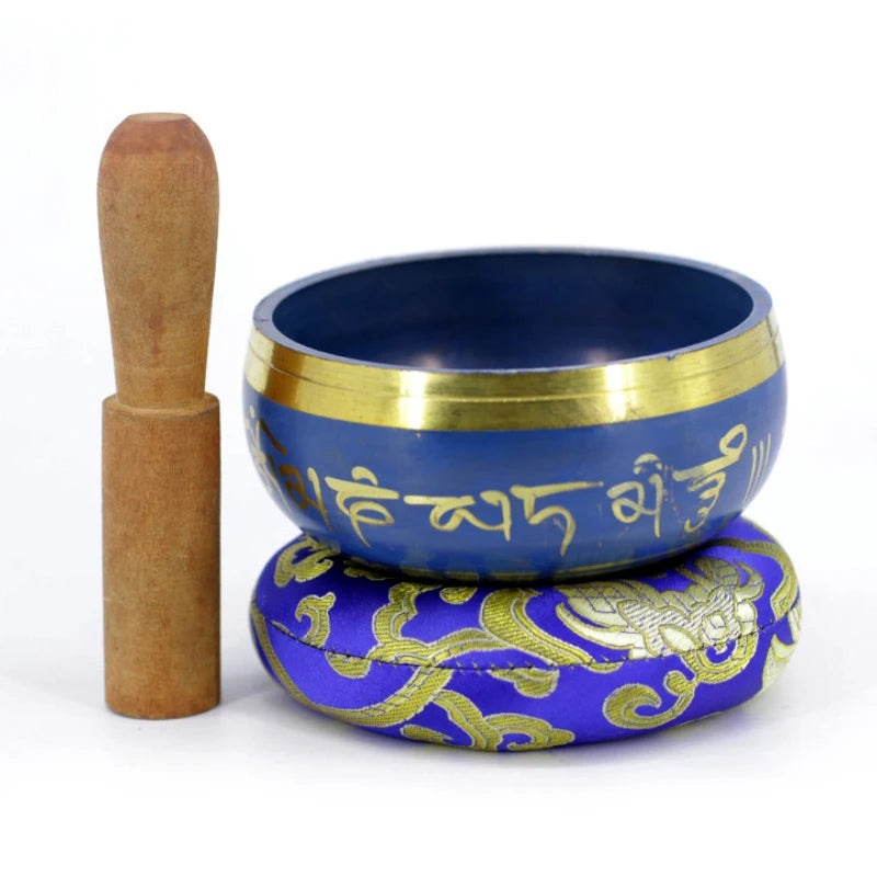 Silent Mind Tibetan Singing Bowl Set – Blue Design with Dual Surface Mallet & Silk Cushion for Peace & Meditation
