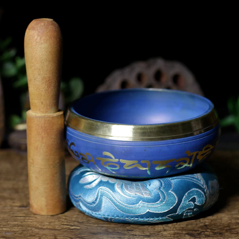 Silent Mind Tibetan Singing Bowl Set – Blue Design with Dual Surface Mallet & Silk Cushion for Peace & Meditation