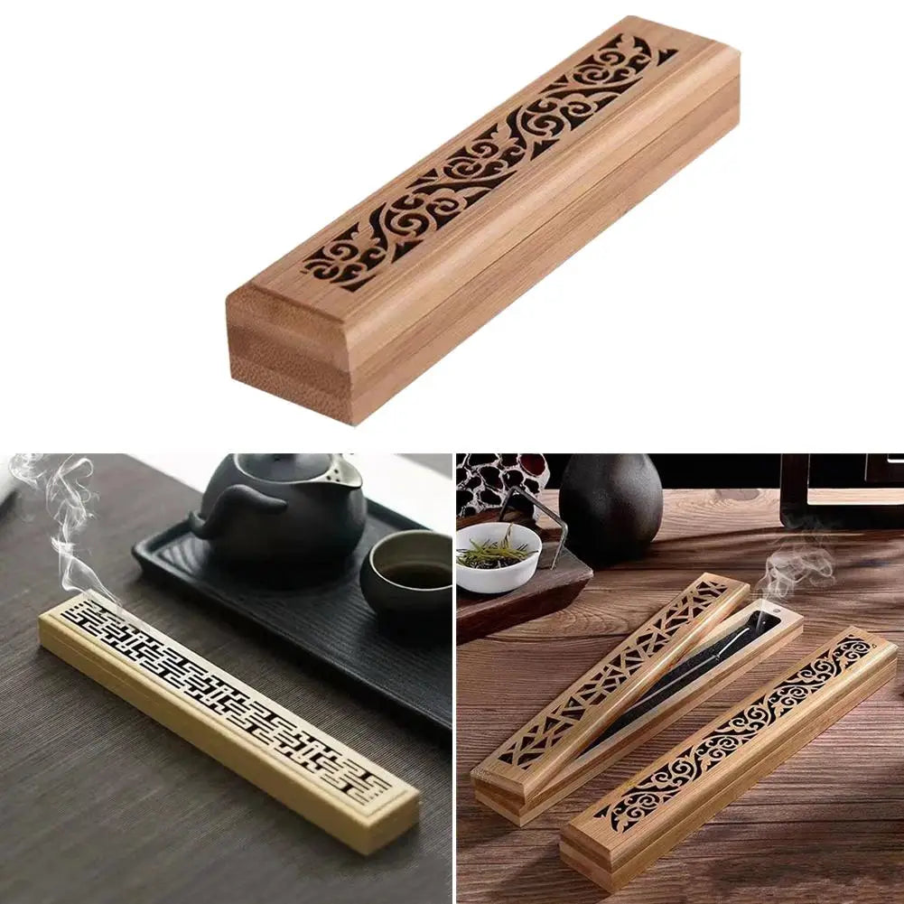 Natural Bamboo Incense Burner Box with Storage & Aromatherapy Plate