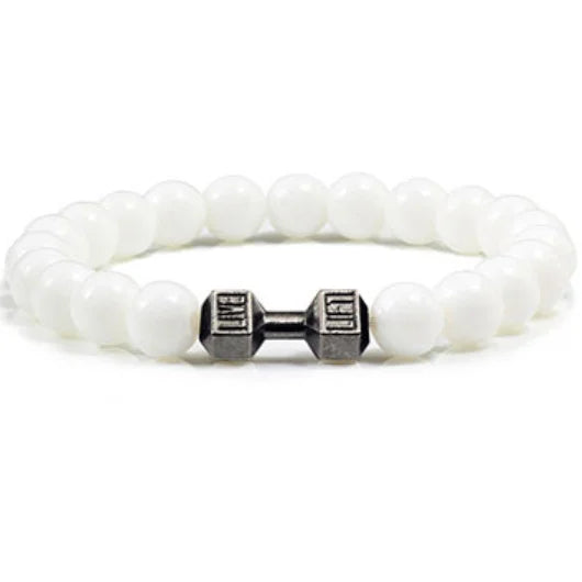 Hot Selling Vintage Men’s Beaded Bracelet – Natural Stone with Dumbbell Pendant, Elastic Strand Wristband, Friendship Gift