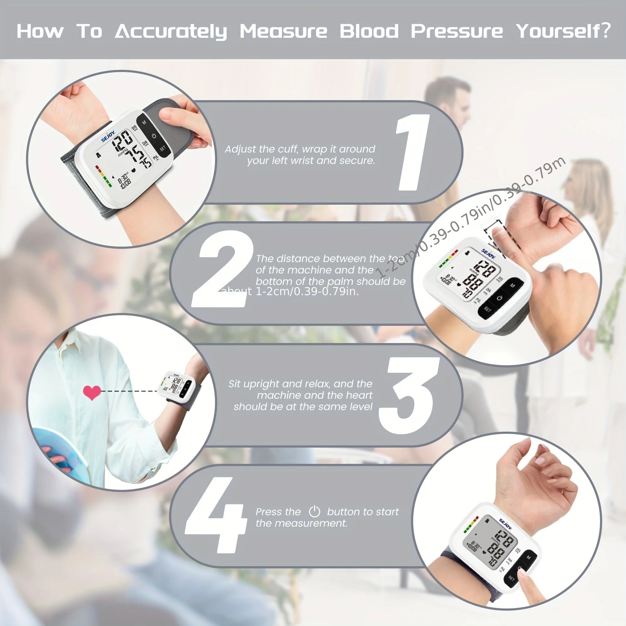 SEJOY Wrist Blood Pressure Monitor – Automatic Cuff with Heartbeat Detection