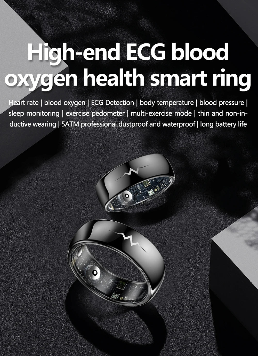High-End Smart Ring – ECG, Blood Oxygen, Heart Rate & Blood Pressure Monitor with Sleep Tracking, 5ATM Waterproof, Multi-Sport Modes