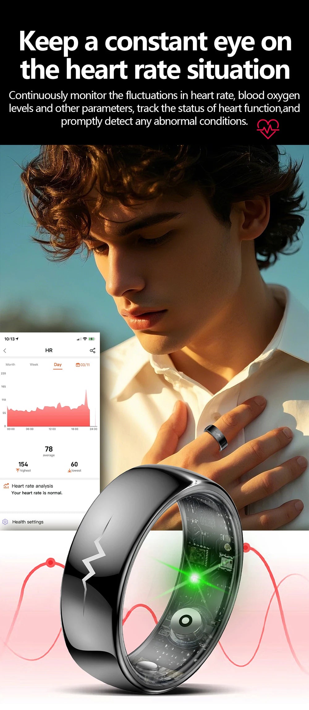 High-End Smart Ring – ECG, Blood Oxygen, Heart Rate & Blood Pressure Monitor with Sleep Tracking, 5ATM Waterproof, Multi-Sport Modes