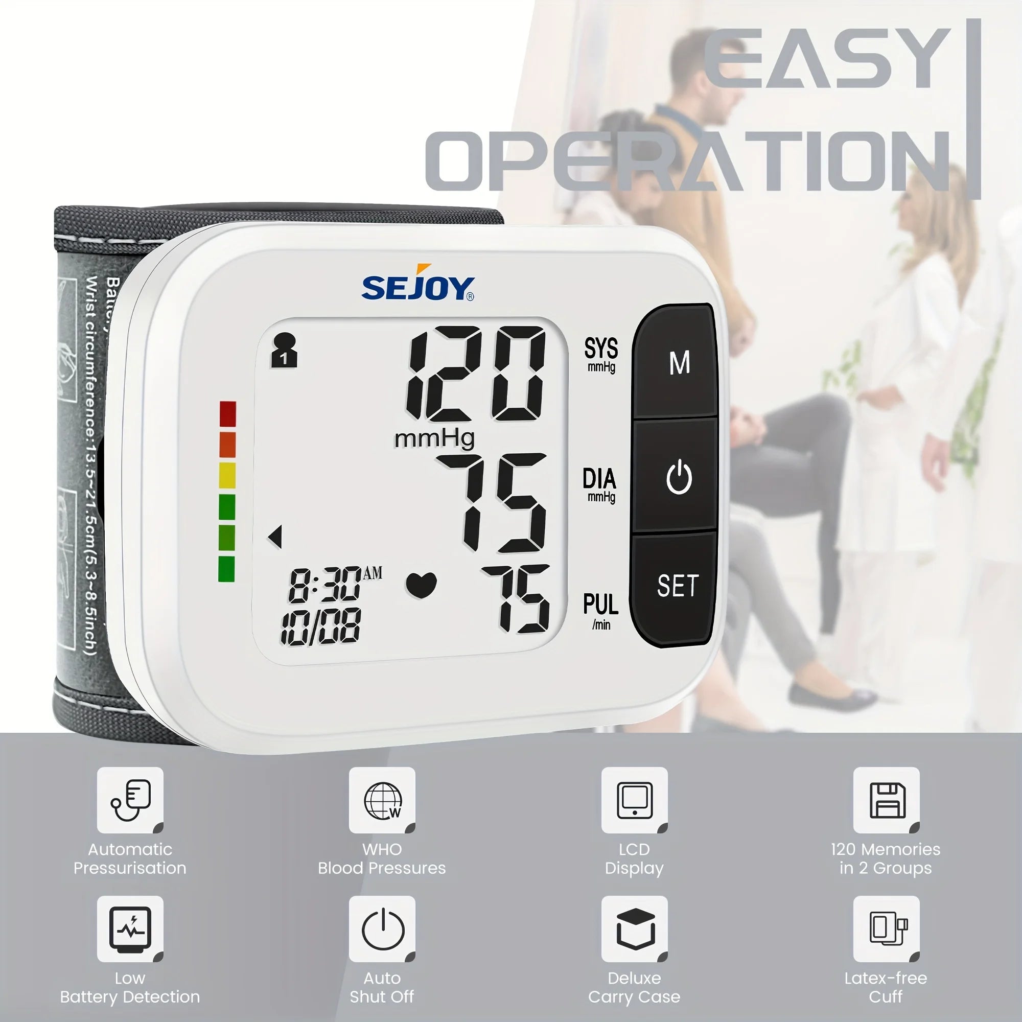 SEJOY Wrist Blood Pressure Monitor – Automatic Cuff with Heartbeat Detection