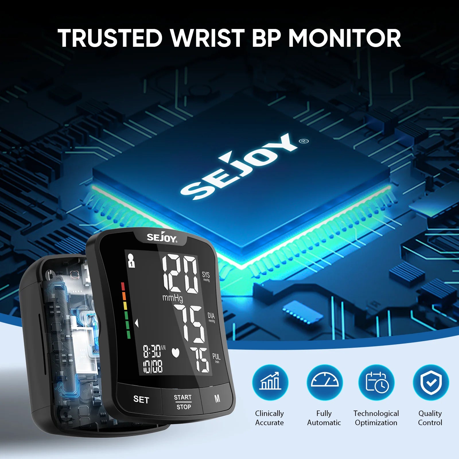 SEJOY Electronic Wrist Blood Pressure Monitor – Digital Sphygmomanometer with Heart Rate Detection