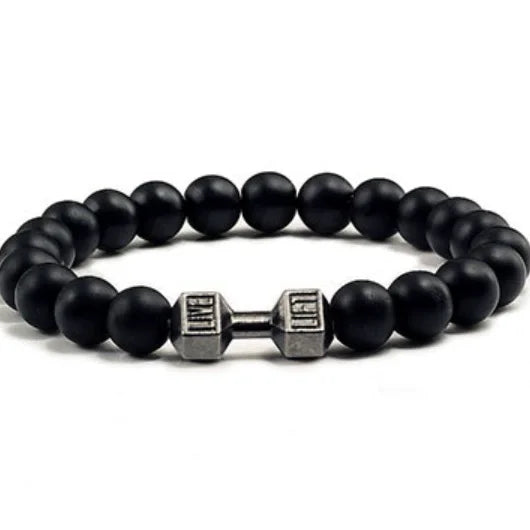 Hot Selling Vintage Men’s Beaded Bracelet – Natural Stone with Dumbbell Pendant, Elastic Strand Wristband, Friendship Gift