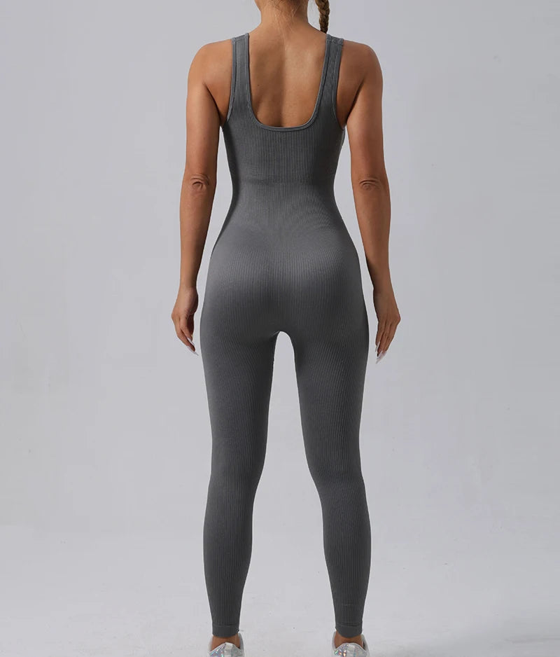 Seamless Ribbed Jumpsuit Women’s Yoga Tracksuit – One-Piece Sleeveless Fitness Romper