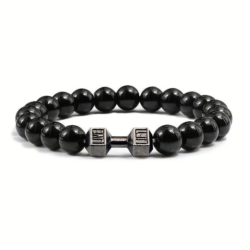 Hot Selling Vintage Men’s Beaded Bracelet – Natural Stone with Dumbbell Pendant, Elastic Strand Wristband, Friendship Gift