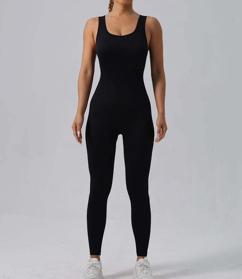 Seamless Ribbed Jumpsuit Women’s Yoga Tracksuit – One-Piece Sleeveless Fitness Romper