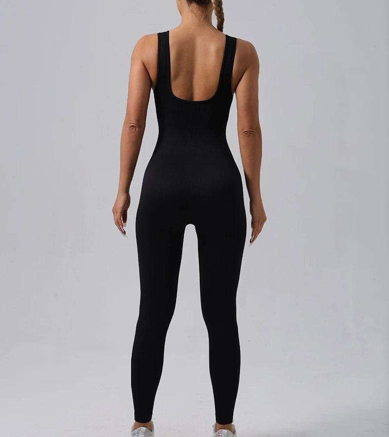 Seamless Ribbed Jumpsuit Women’s Yoga Tracksuit – One-Piece Sleeveless Fitness Romper