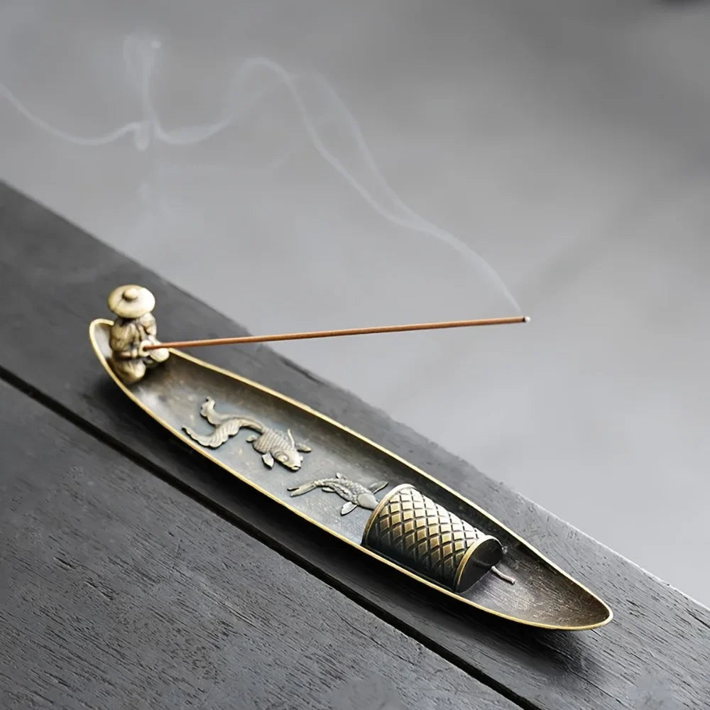 Creative Boat Incense Holder – Japanese Style Fishing Man Ornament, Aromatherapy Stick Burner Home Décor