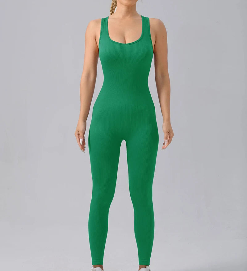 Seamless Ribbed Jumpsuit Women’s Yoga Tracksuit – One-Piece Sleeveless Fitness Romper