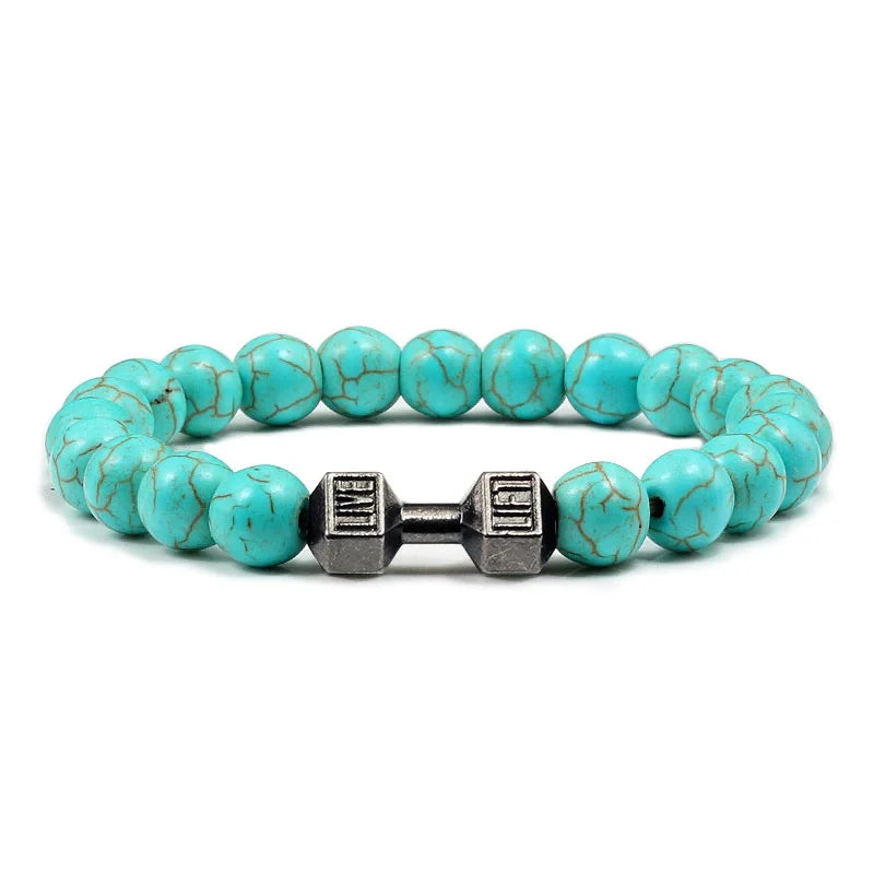 Hot Selling Vintage Men’s Beaded Bracelet – Natural Stone with Dumbbell Pendant, Elastic Strand Wristband, Friendship Gift