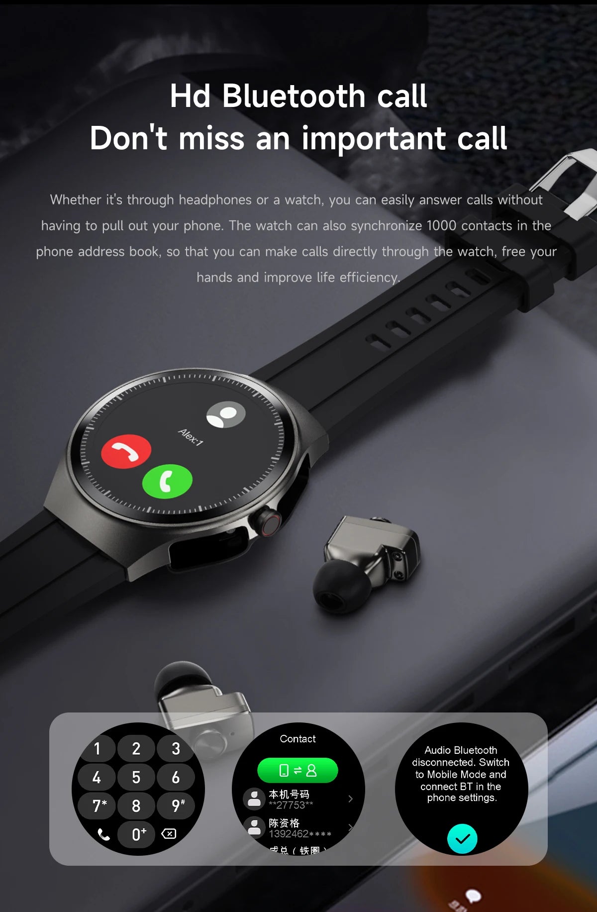 GEJIAN Smartwatch with Built-in Headphones & AMOLED Display