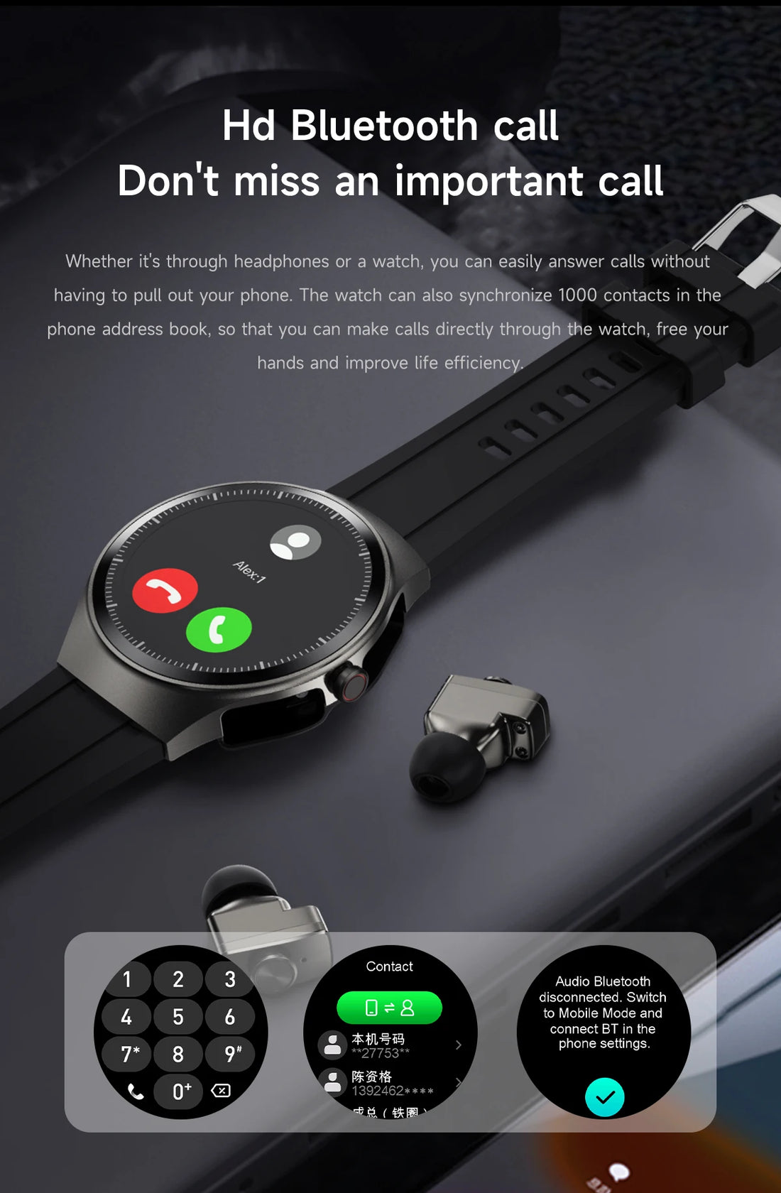 GEJIAN Smartwatch with Built-in Headphones & AMOLED Display