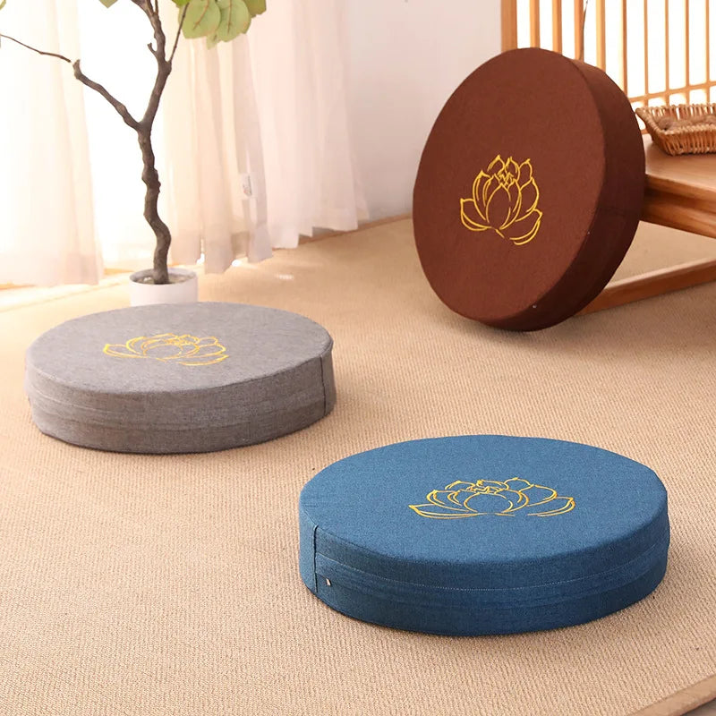 Round Meditation Cushion with Backrest – Embroidered Lotus, Washable Cover