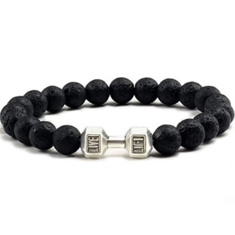 Hot Selling Vintage Men’s Beaded Bracelet – Natural Stone with Dumbbell Pendant, Elastic Strand Wristband, Friendship Gift