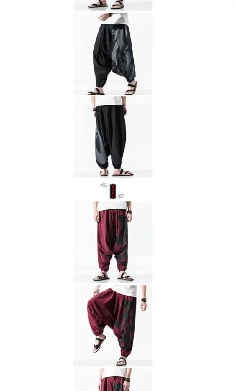 Hip Hop Style Loose Fit Low Waist Cotton Linen Special Cropped Pants Japanese Style Baggy Pants For Men
