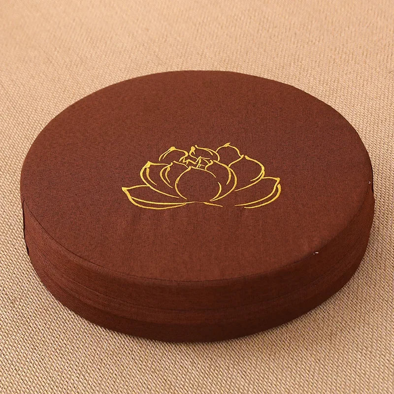 Round Meditation Cushion with Backrest – Embroidered Lotus, Washable Cover