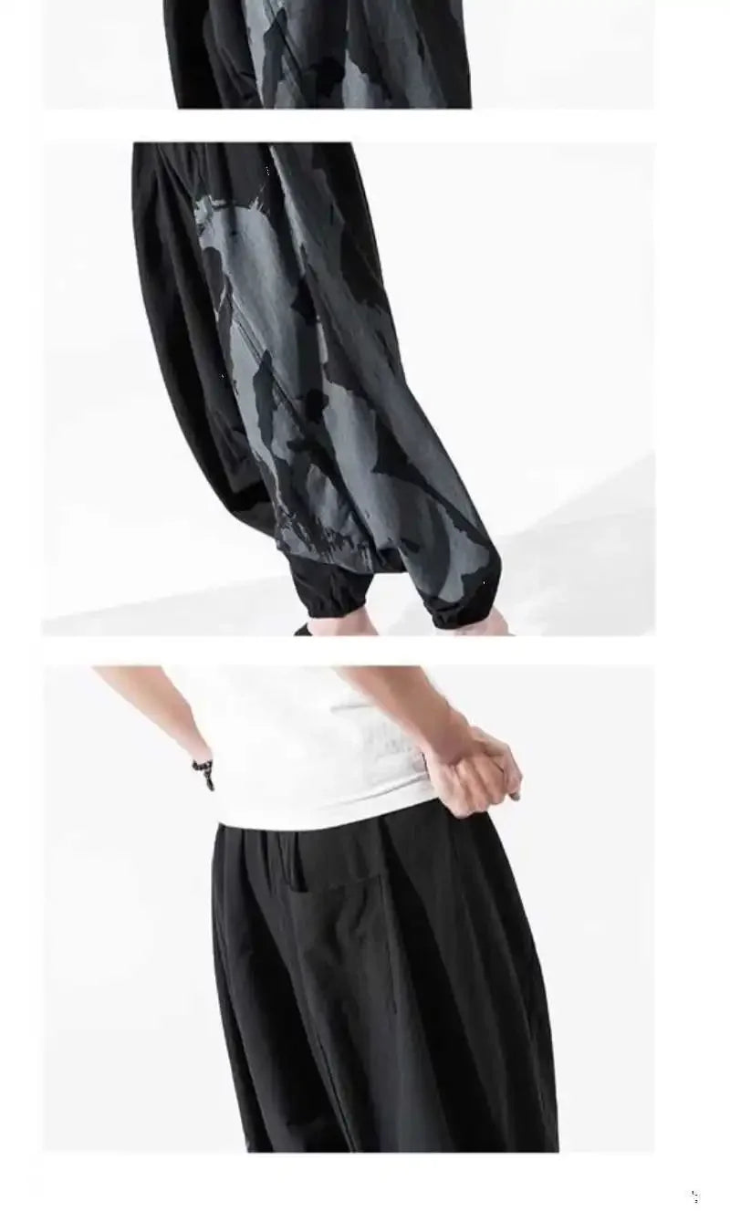 Hip Hop Style Loose Fit Low Waist Cotton Linen Special Cropped Pants Japanese Style Baggy Pants For Men