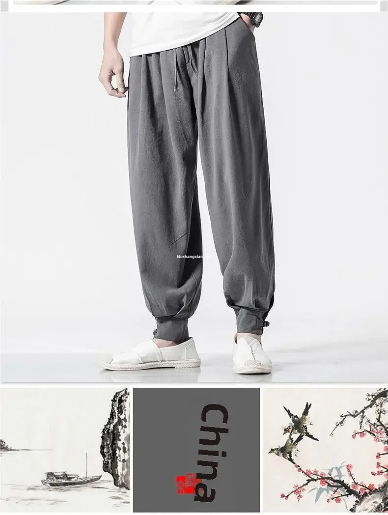 Loose-Fit Cotton Linen Monk Pants – Unisex Zen Meditation Trousers