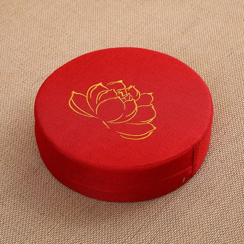 Round Meditation Cushion with Backrest – Embroidered Lotus, Washable Cover