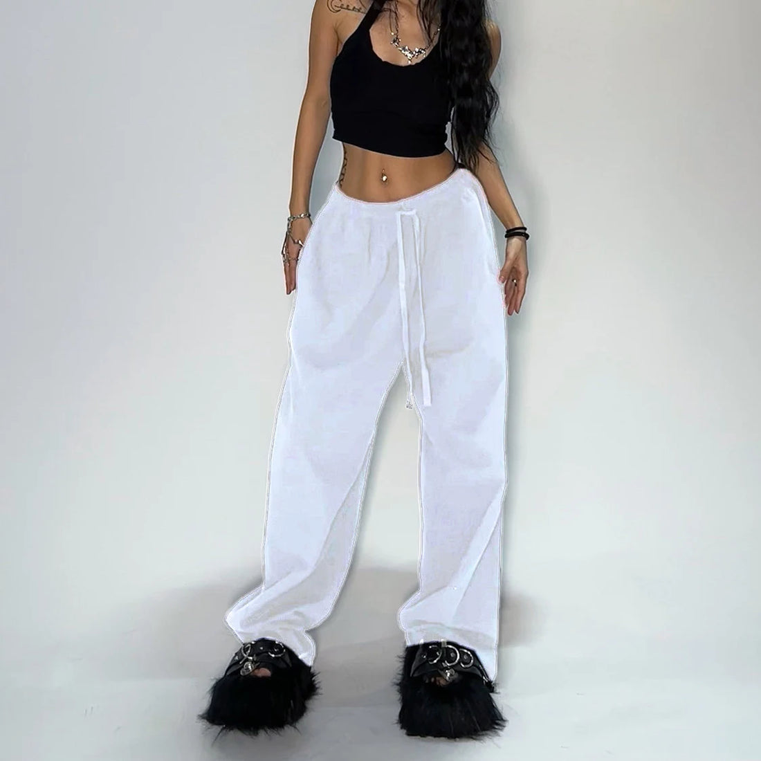 Women’s Casual Grey Sweatpants – Loose Fit Parachute Pants with Stretchy Waist for Everyday Comfort