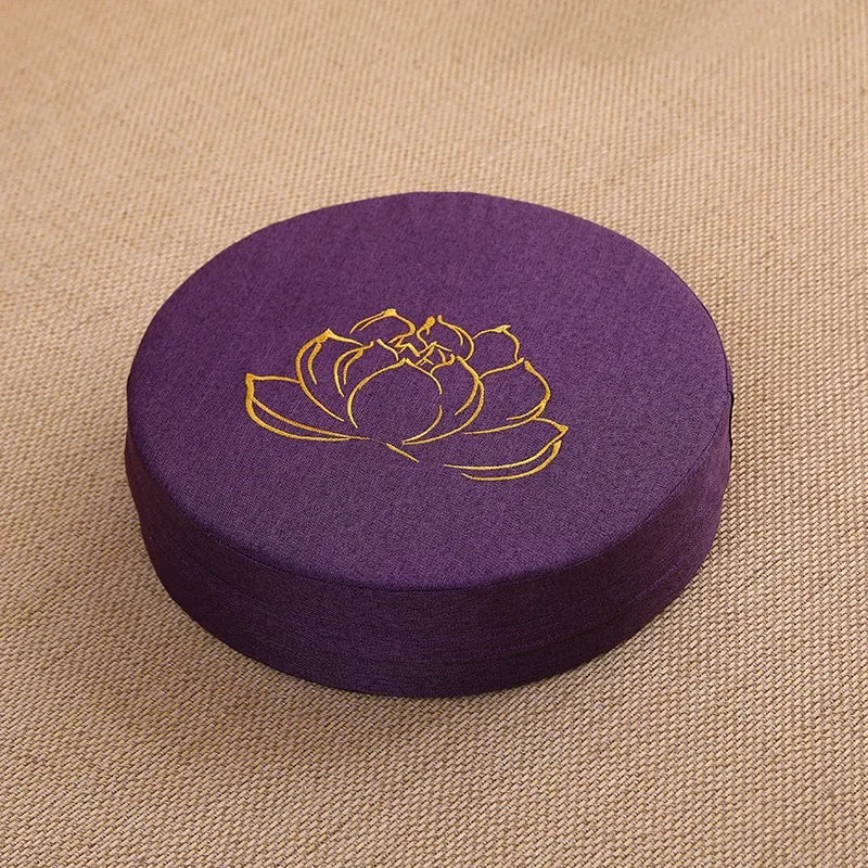 Round Meditation Cushion with Backrest – Embroidered Lotus, Washable Cover