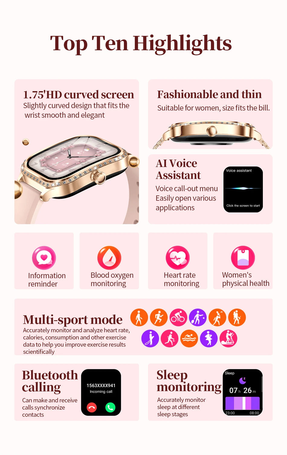 Women’s Smartwatch – Heart Rate, Blood Pressure, Music & BT Calling