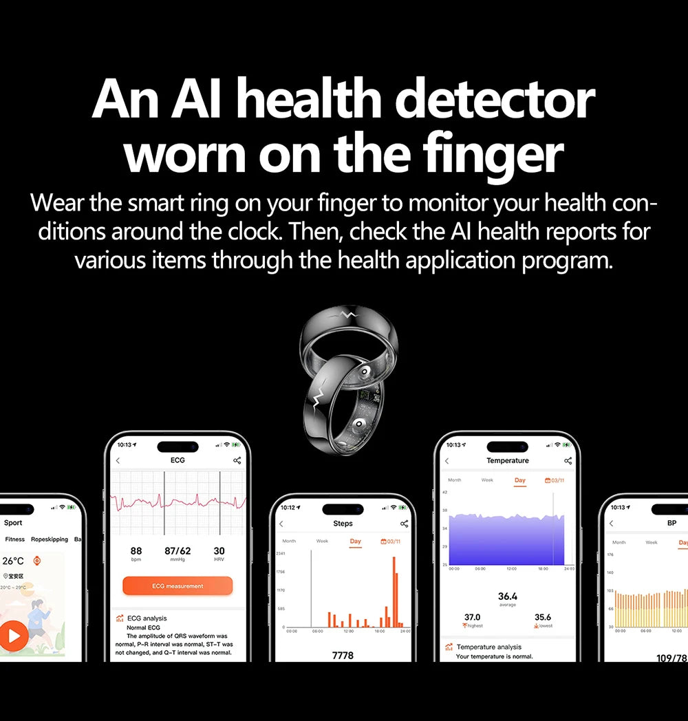 High-End Smart Ring – ECG, Blood Oxygen, Heart Rate & Blood Pressure Monitor with Sleep Tracking, 5ATM Waterproof, Multi-Sport Modes