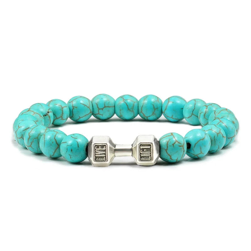 Hot Selling Vintage Men’s Beaded Bracelet – Natural Stone with Dumbbell Pendant, Elastic Strand Wristband, Friendship Gift