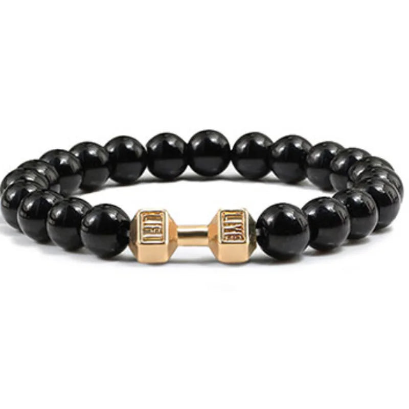 Hot Selling Vintage Men’s Beaded Bracelet – Natural Stone with Dumbbell Pendant, Elastic Strand Wristband, Friendship Gift