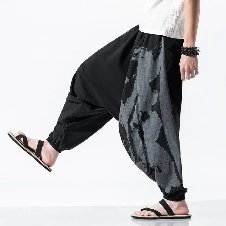 Hip Hop Style Loose Fit Low Waist Cotton Linen Special Cropped Pants Japanese Style Baggy Pants For Men