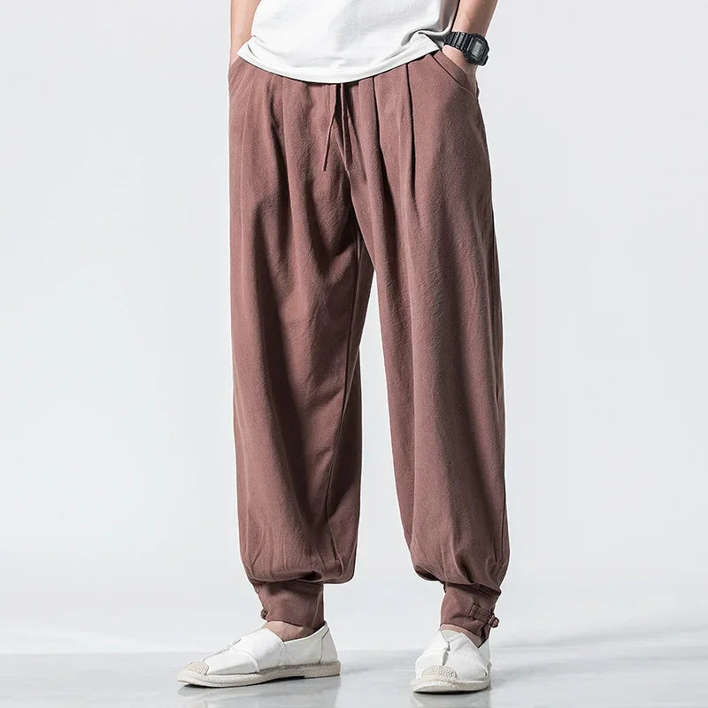 Loose-Fit Cotton Linen Monk Pants – Unisex Zen Meditation Trousers