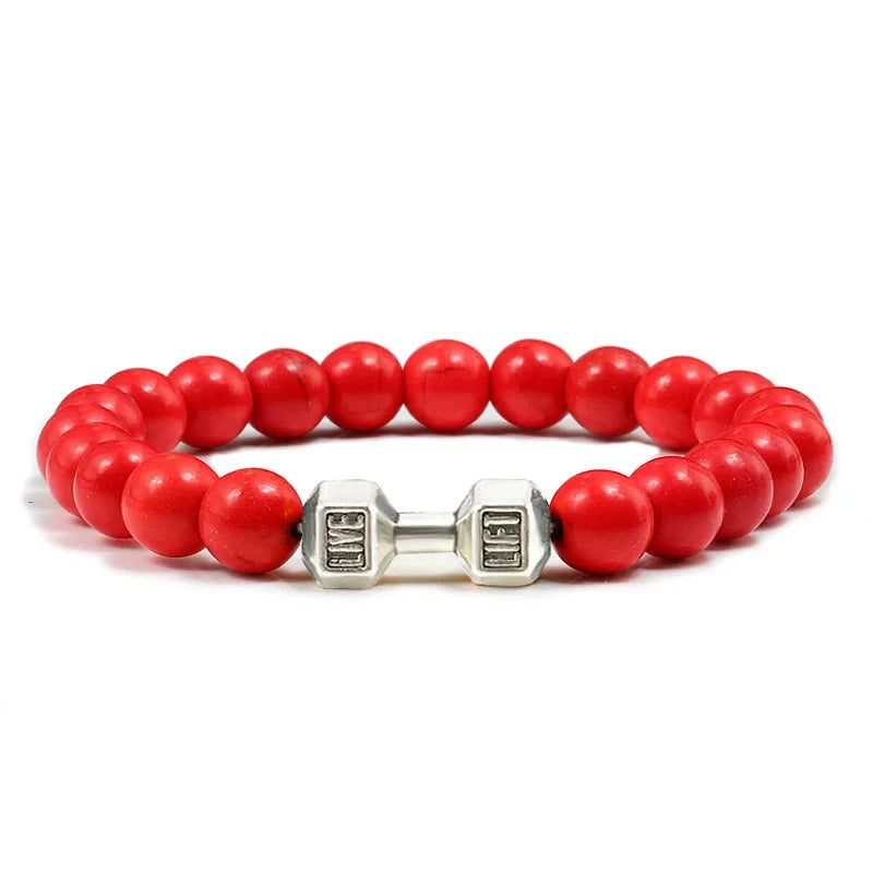 Hot Selling Vintage Men’s Beaded Bracelet – Natural Stone with Dumbbell Pendant, Elastic Strand Wristband, Friendship Gift