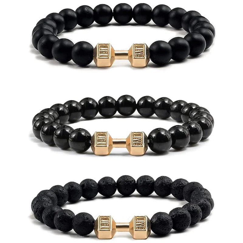 Hot Selling Vintage Men’s Beaded Bracelet – Natural Stone with Dumbbell Pendant, Elastic Strand Wristband, Friendship Gift