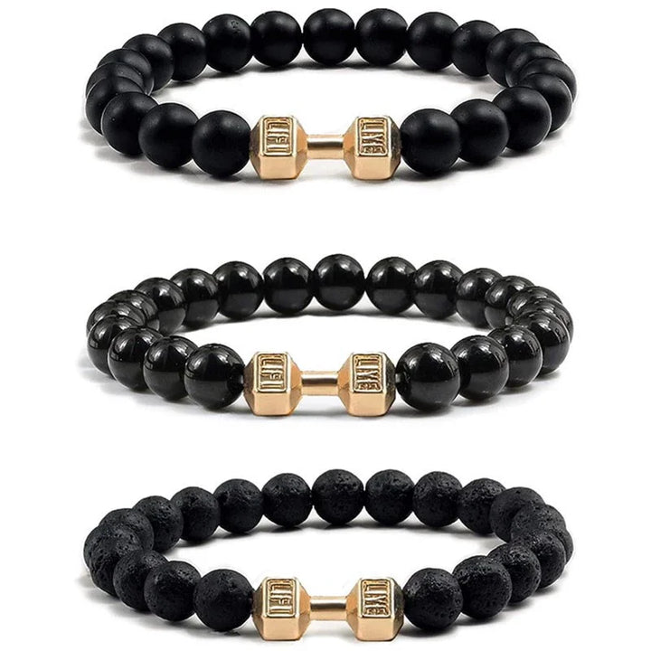 Hot Selling Vintage Men’s Beaded Bracelet – Natural Stone with Dumbbell Pendant, Elastic Strand Wristband, Friendship Gift