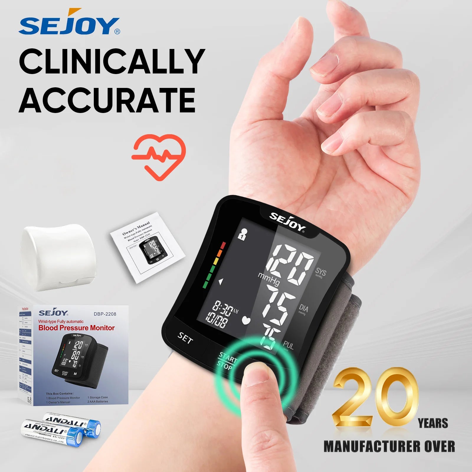 SEJOY Electronic Wrist Blood Pressure Monitor – Digital Sphygmomanometer with Heart Rate Detection