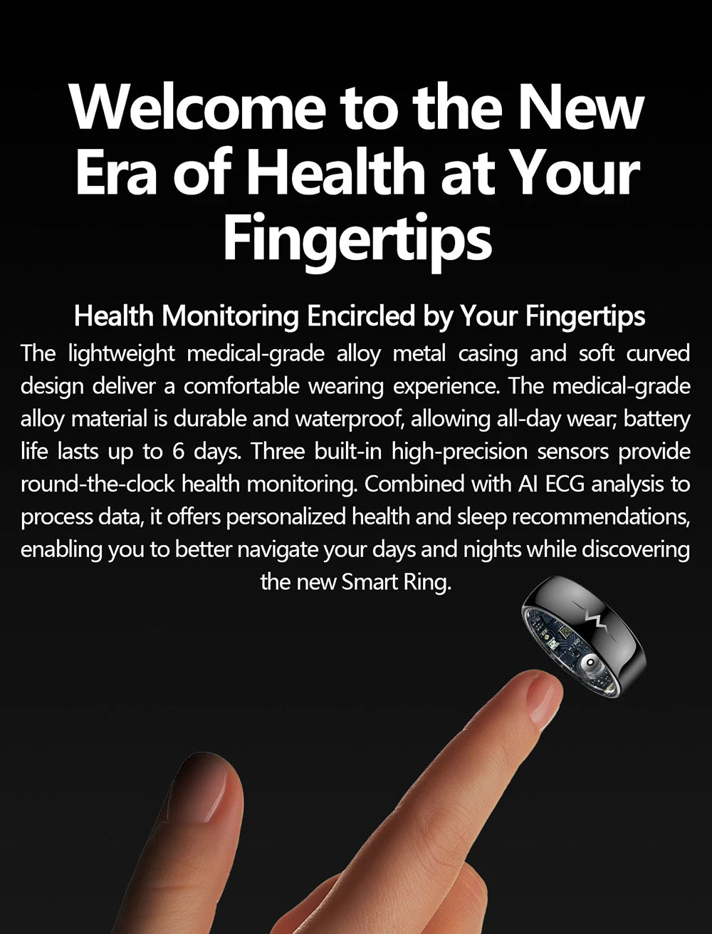 High-End Smart Ring – ECG, Blood Oxygen, Heart Rate & Blood Pressure Monitor with Sleep Tracking, 5ATM Waterproof, Multi-Sport Modes