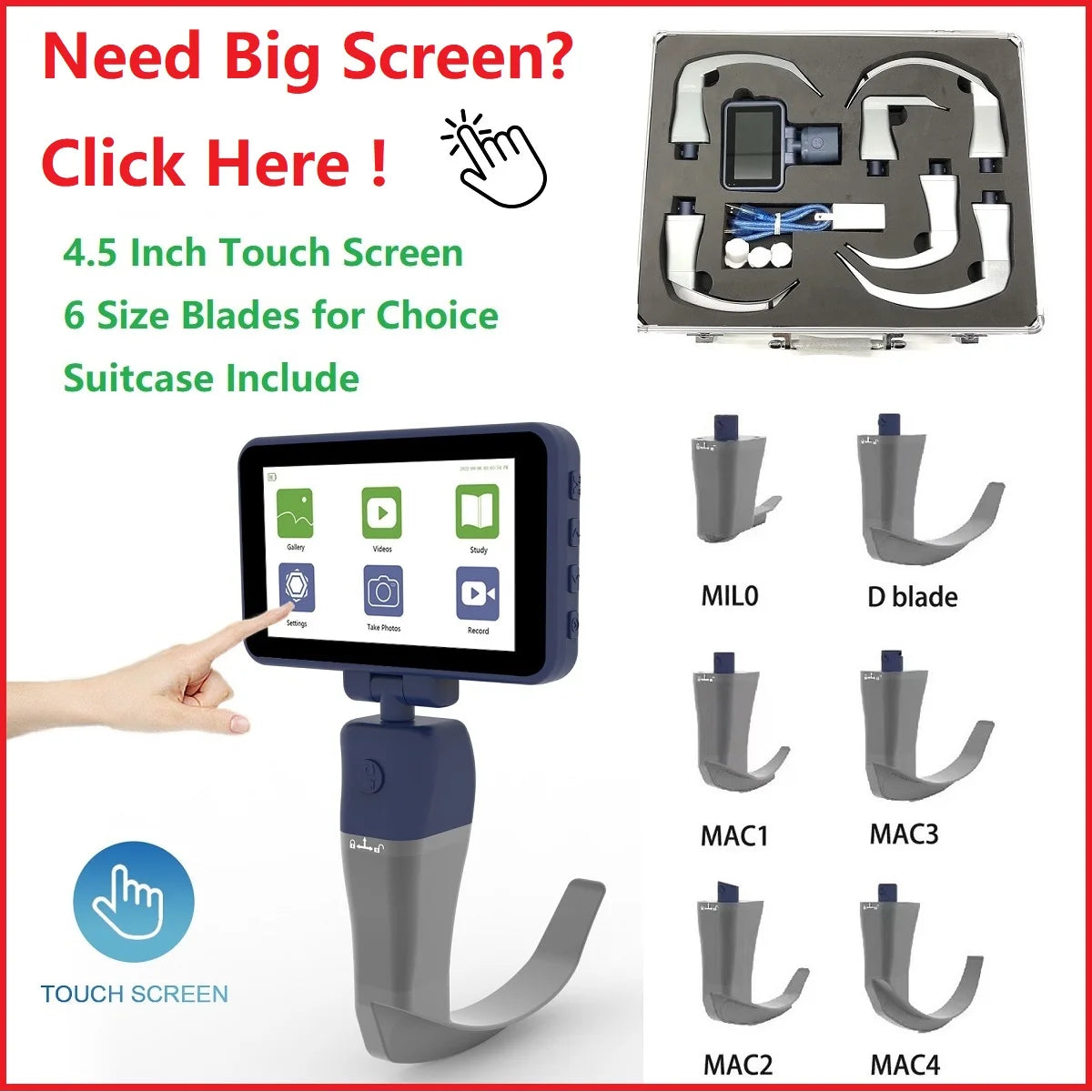 " Digital Video Laryngoscope – Touchscreen Anesthesia Scope with Reusable Blades