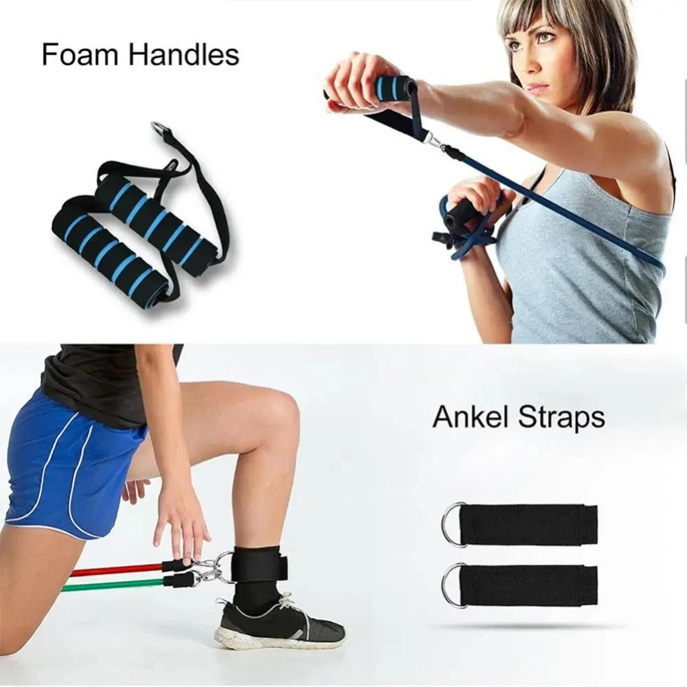 11pcs Fitness Resistance Bands Set – Exercise Tube Bands with Door Anchor, Ankle Straps, Cushioned Handles & Carry Bag