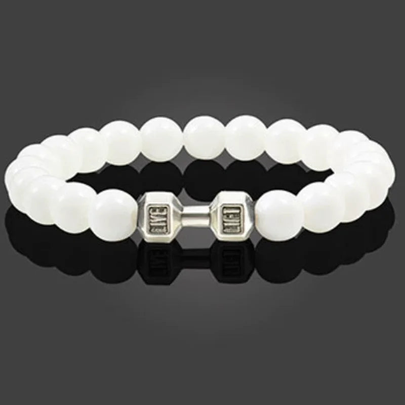 Hot Selling Vintage Men’s Beaded Bracelet – Natural Stone with Dumbbell Pendant, Elastic Strand Wristband, Friendship Gift