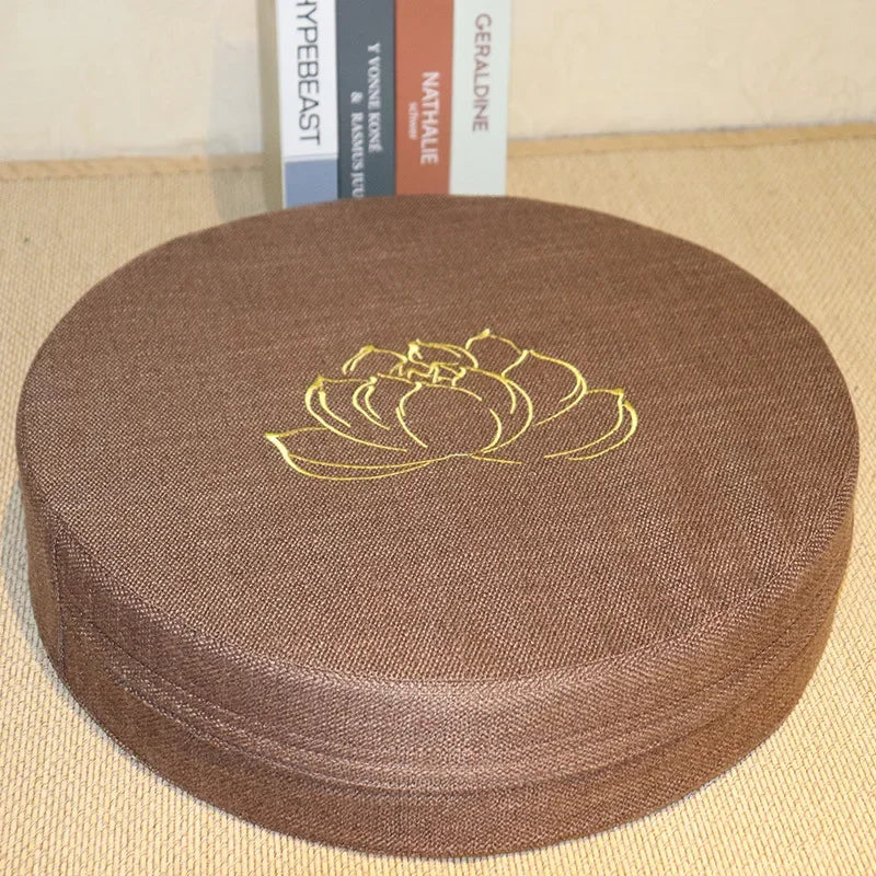 Round Meditation Cushion with Backrest – Embroidered Lotus, Washable Cover