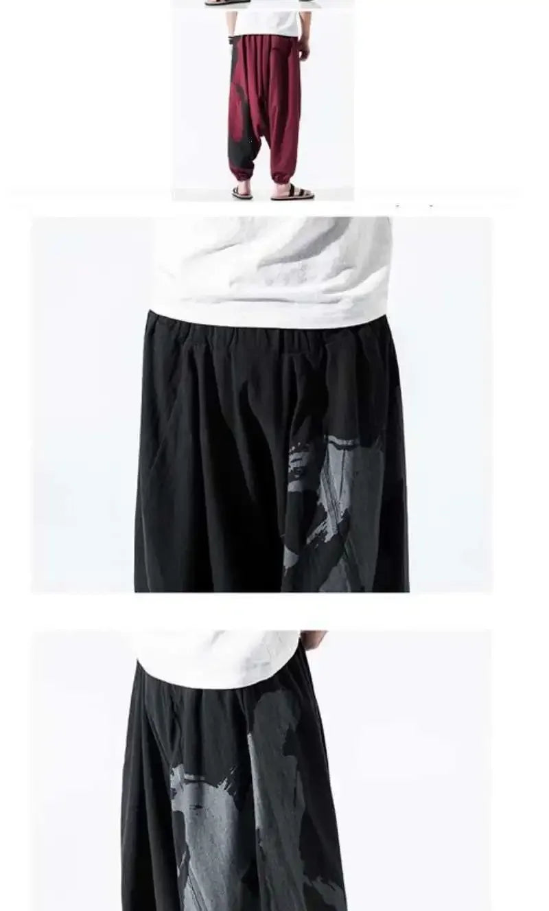 Hip Hop Style Loose Fit Low Waist Cotton Linen Special Cropped Pants Japanese Style Baggy Pants For Men