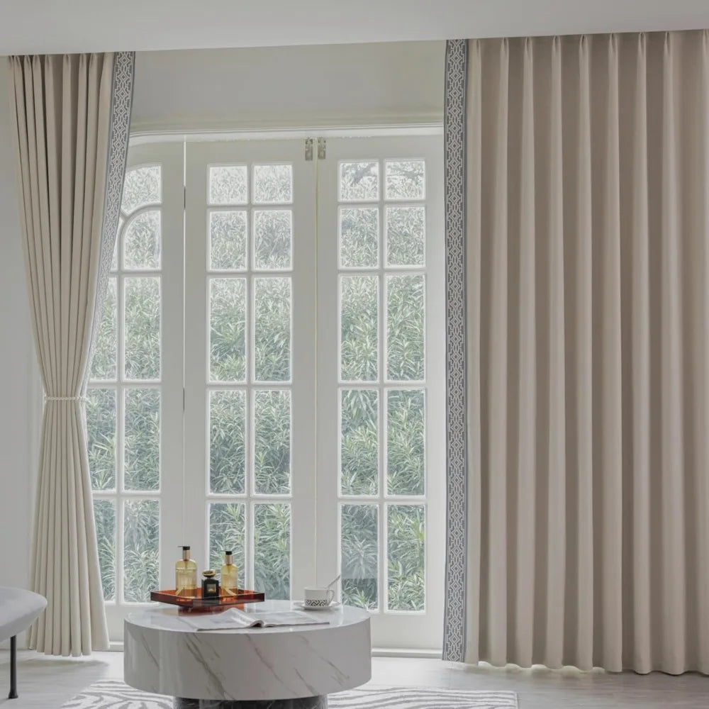 Cream Cotton Blend Pinch Pleat Blackout Curtains – Trimmed Set