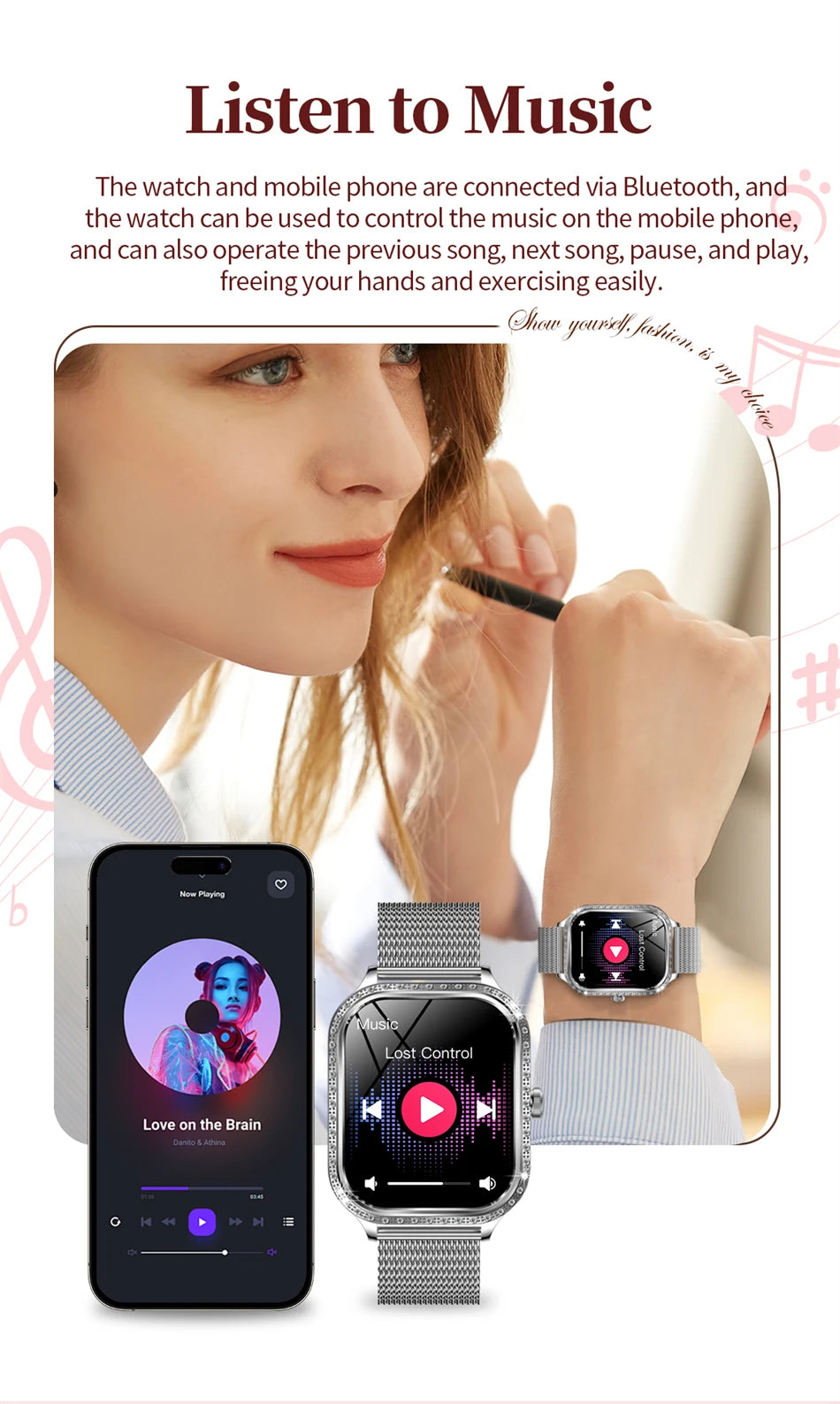 Women’s Smartwatch – Heart Rate, Blood Pressure, Music & BT Calling
