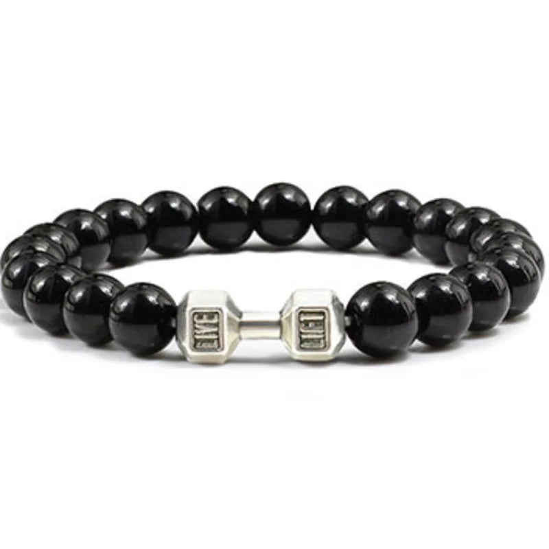 Hot Selling Vintage Men’s Beaded Bracelet – Natural Stone with Dumbbell Pendant, Elastic Strand Wristband, Friendship Gift