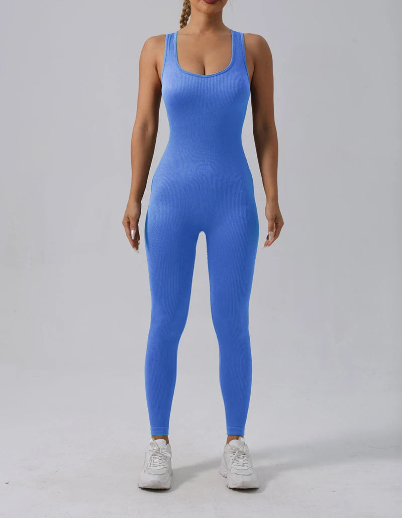 Seamless Ribbed Jumpsuit Women’s Yoga Tracksuit – One-Piece Sleeveless Fitness Romper