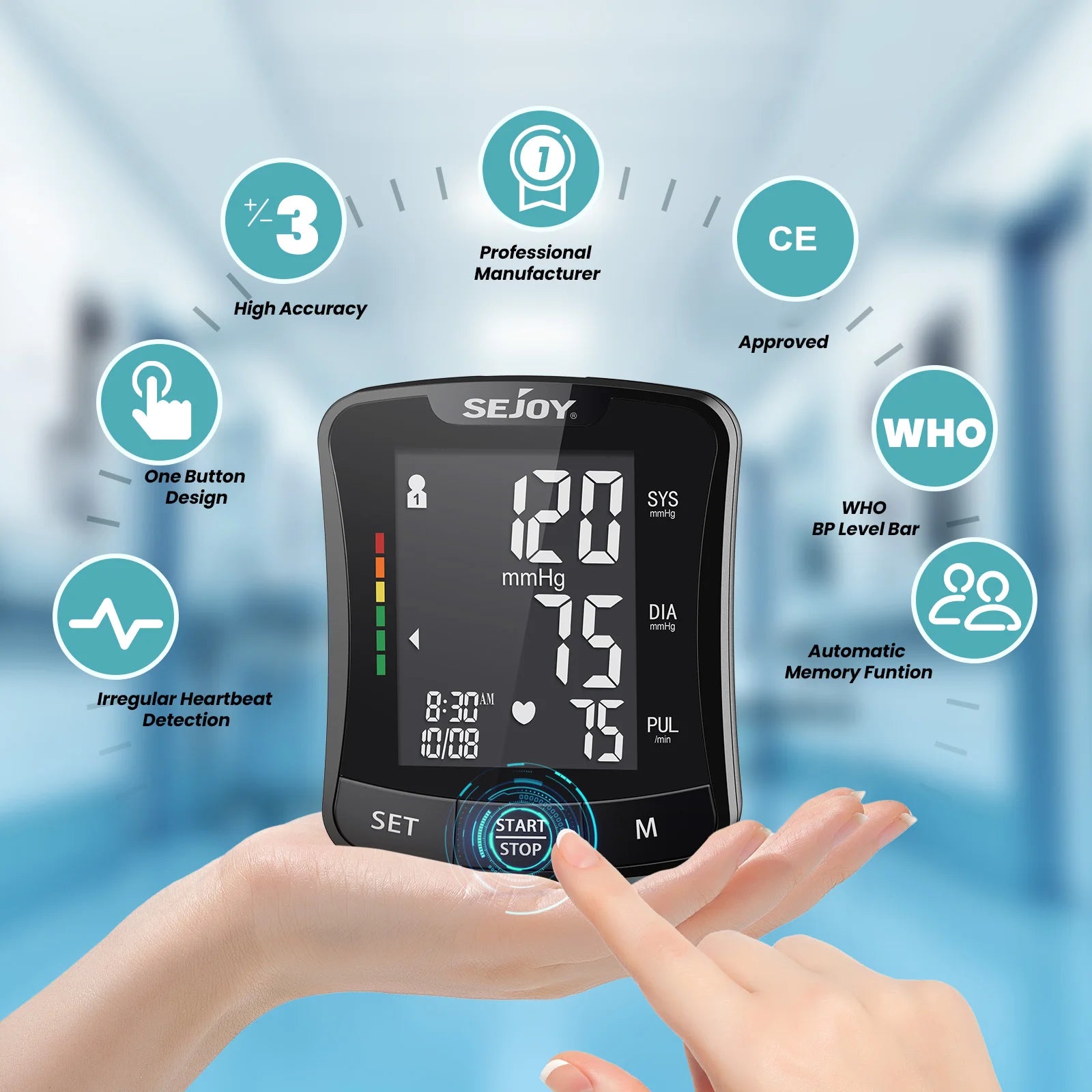 SEJOY Electronic Wrist Blood Pressure Monitor – Digital Sphygmomanometer with Heart Rate Detection