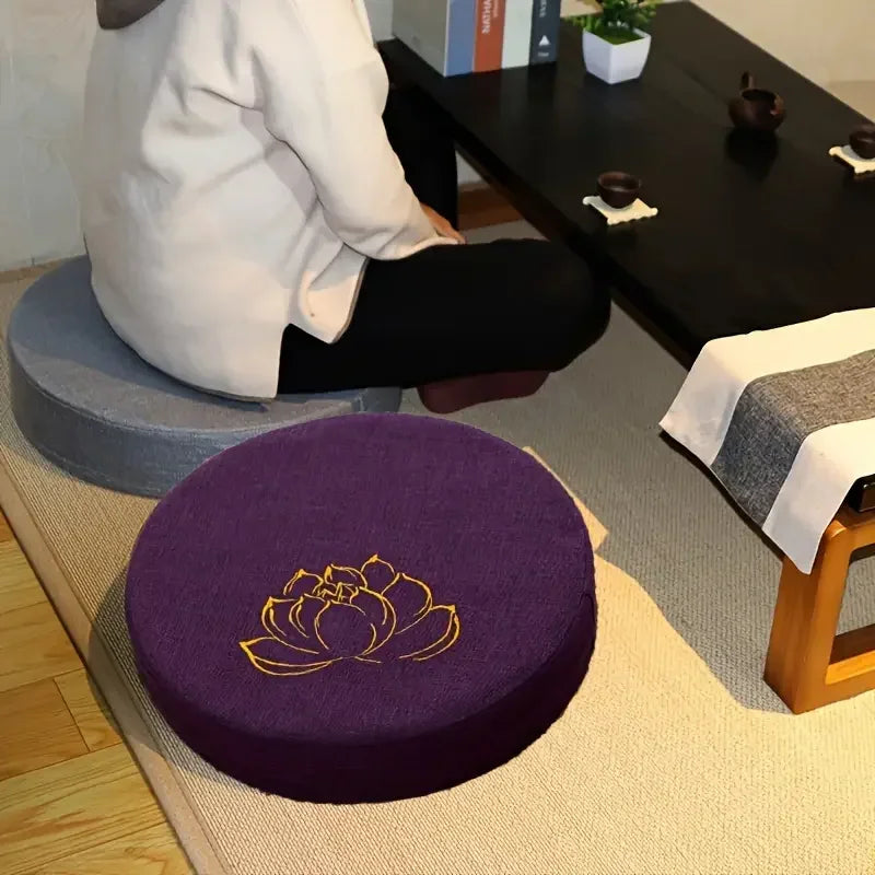 Round Meditation Cushion with Backrest – Embroidered Lotus, Washable Cover
